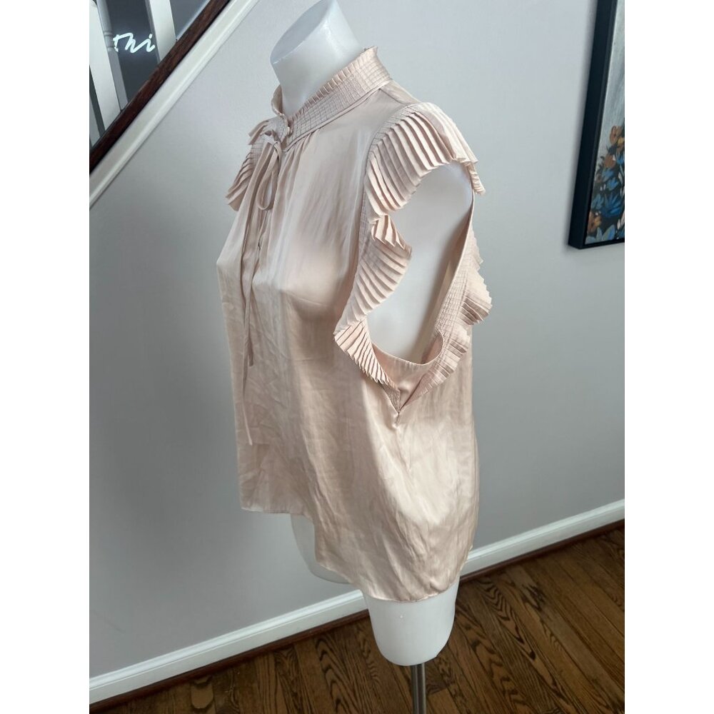 Frame Pleated Flutter Sleeve Keyhole Satin Blouse… - image 4